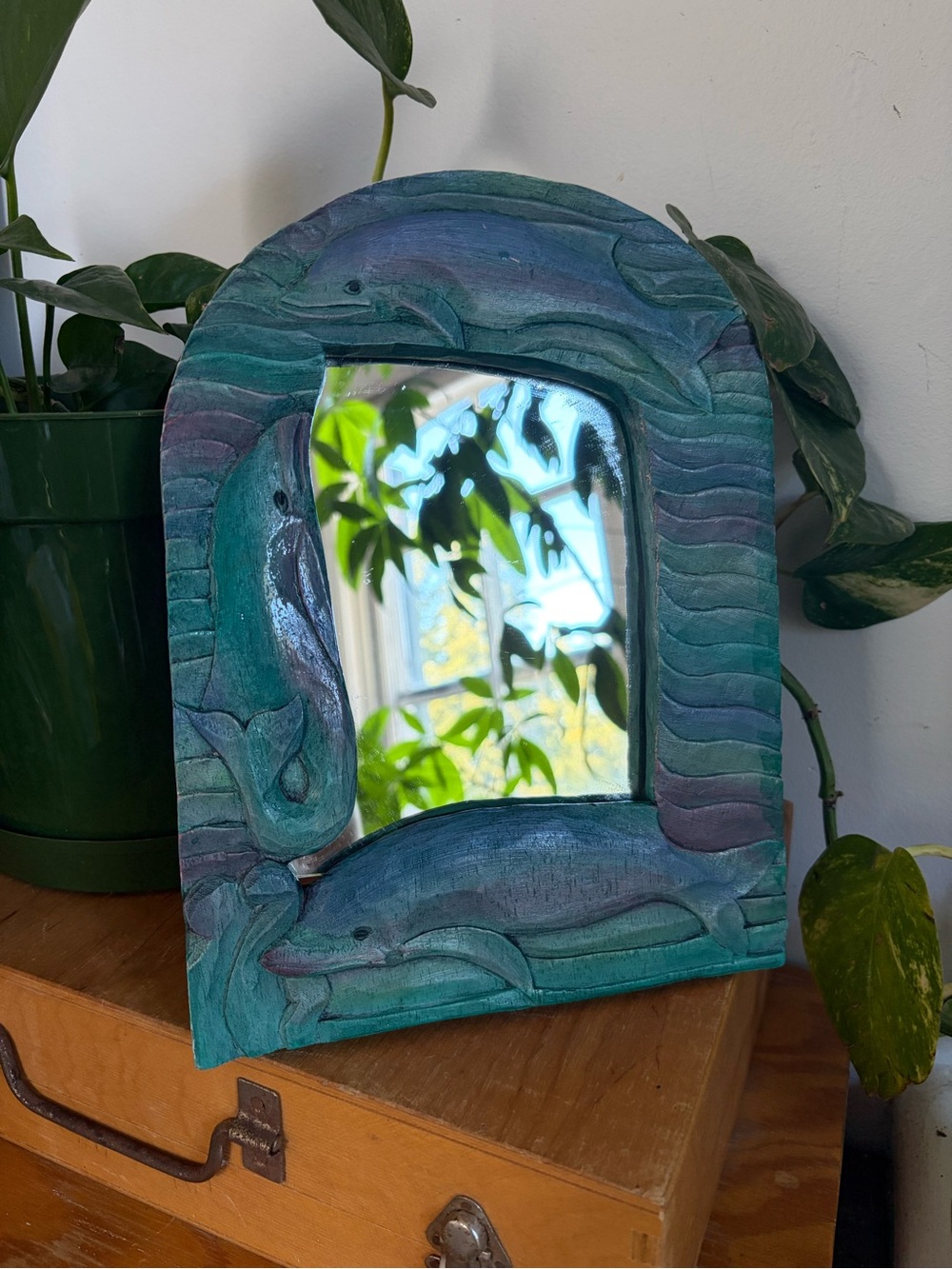 Vintage Hand Carved and Hand Painted Dolphin Mirror - Teal Blue Accent